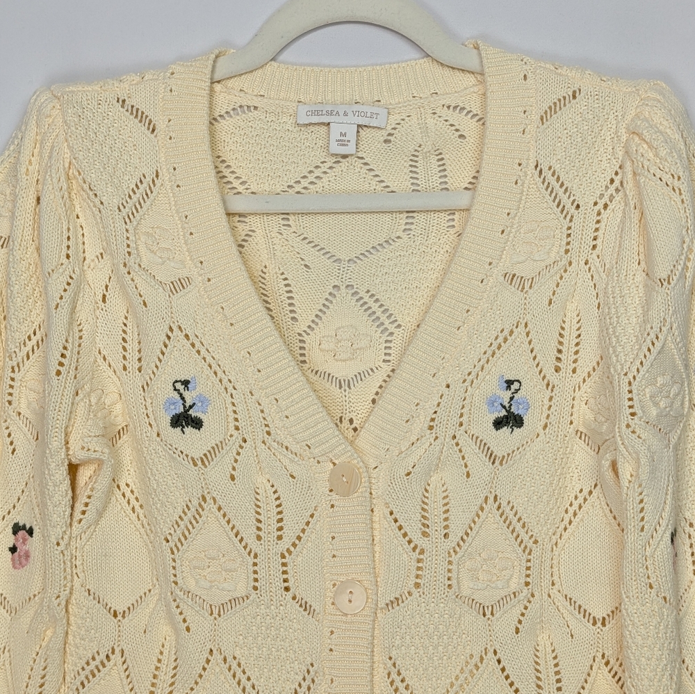 CHELSEA & VIOLET Pointelle Knit Floral Embroidered Button Front Cardigan Sweater - Picture 4 of 12